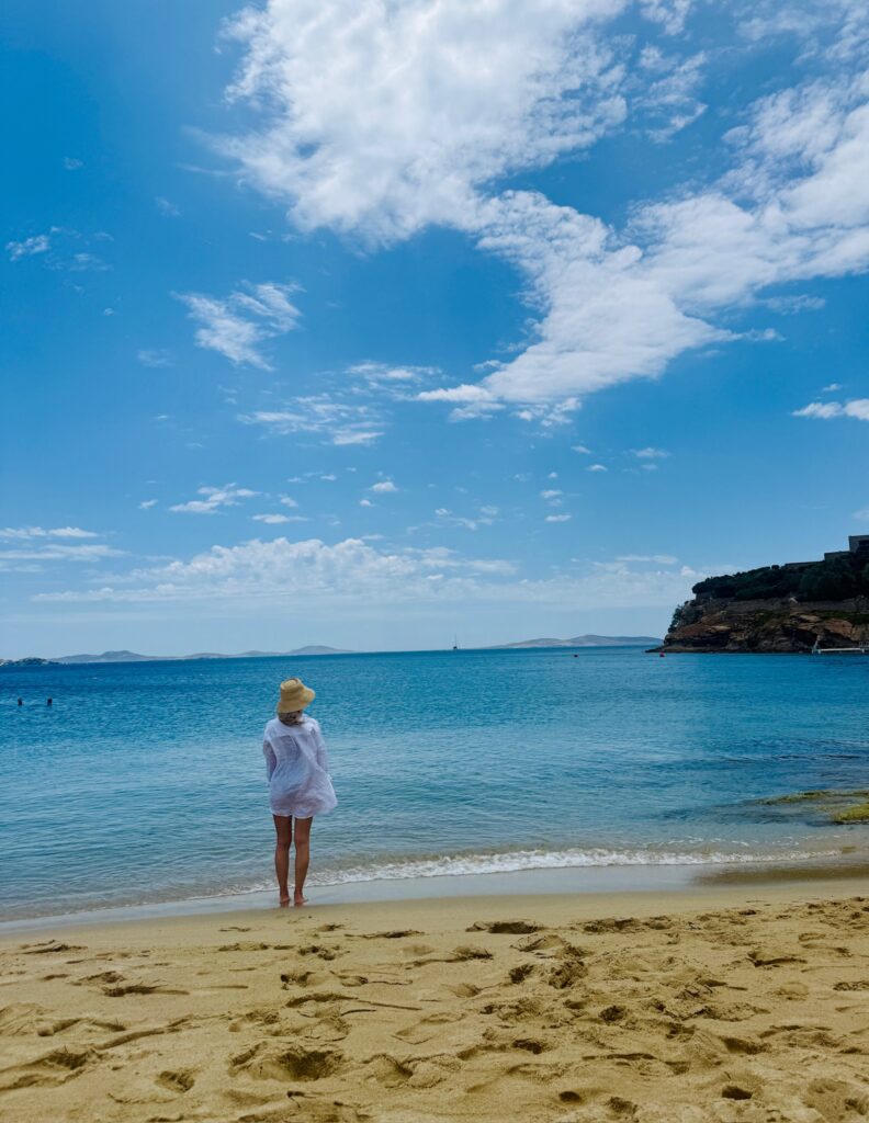 Coastal views at Scorpios Mykonos Beach Club. Luxury travel itinerary for Mykonos and Paros